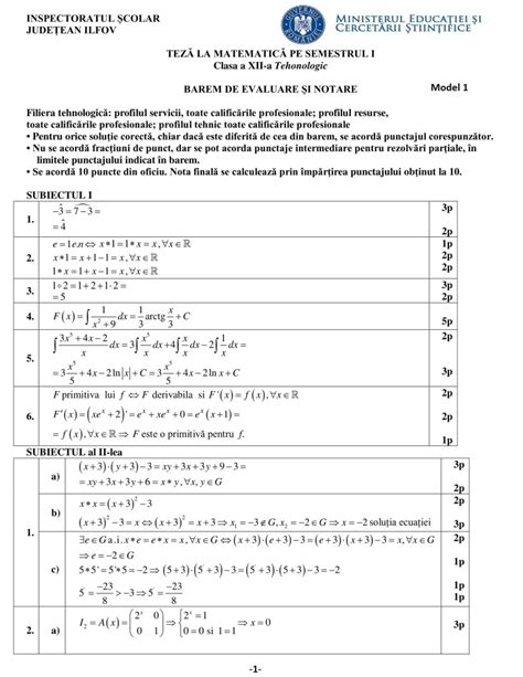 Modele Teză Matematică Clasa A 12 A M2 Tehnologic Semestrul 1 Bareme