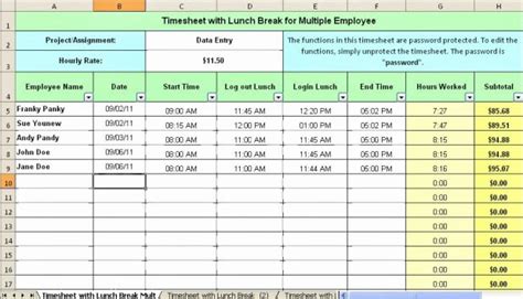 Free Timesheet Calculator With Lunch Break Excel Templates