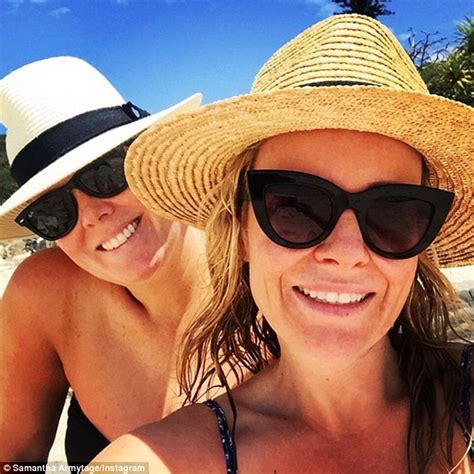 samantha armytage sheds her sunrise clothes and slips into a strapless swimsuit as she she takes