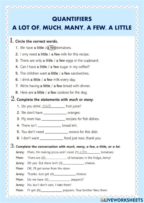 Quantifiers A Lot Of Many Much A Few A Little Worksheet Quizalize