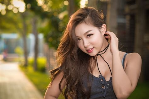 Pictures Brown Haired Bokeh Young Woman Asian Hands Glance