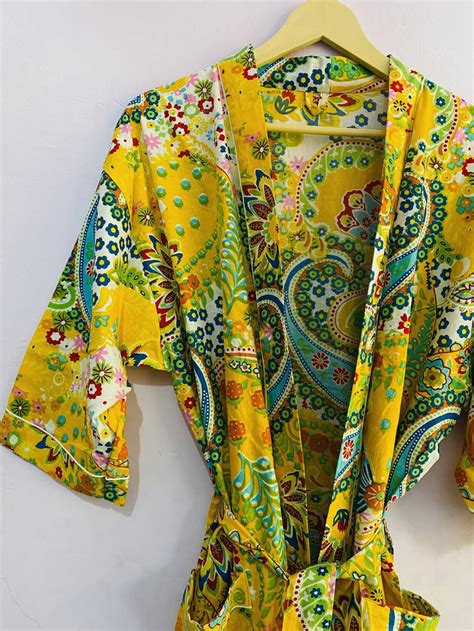 Yellow Floral Print Cotton Kimono Kimono Robe For Women Etsy