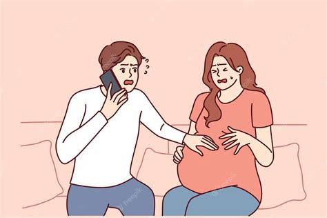 Premium Vector Pregnant Woman Next To Worried Husband Calling Doctor Or 911 To Report Wife