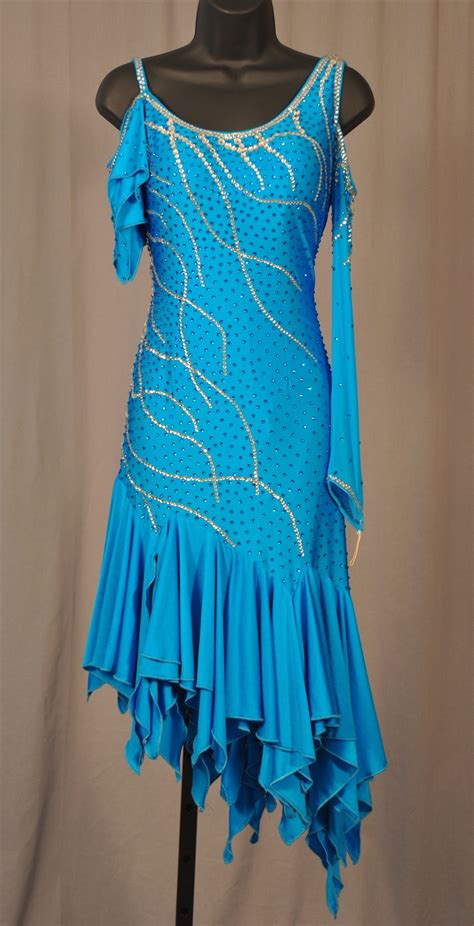 elegant aqua ruffle asymetric sleeves latin dress