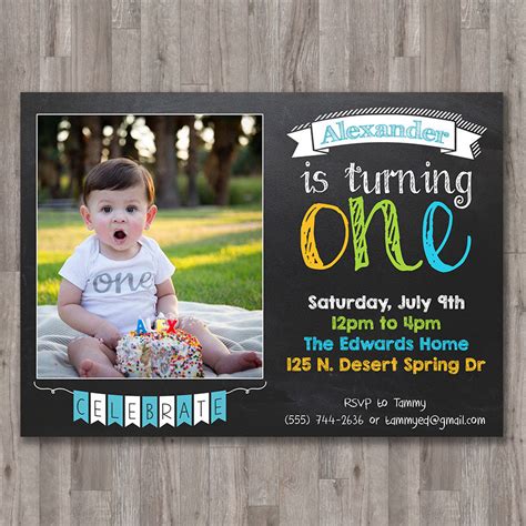 Boy First 1st Birthday Invite Printable Invitation Custom Photo Invite
