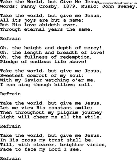 Take The World But Give Me Jesus By Fanny Crosby Hymn Lyrics