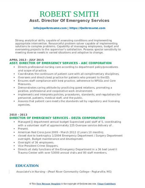 Construction manager resume pdf resume downloads project manager resume manager resume resume pdf from i.pinimg.com the emergency management team operates under the authority of the president of the college and is chaired by the senior vice president for finance and authority shall return to the college president when he/she is capable of. Director Of Emergency Services Resume Samples | QwikResume