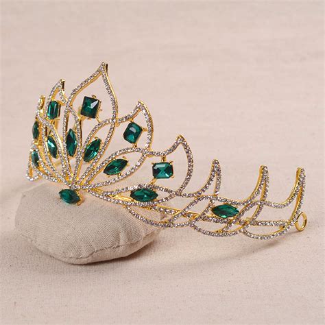 Bride Gold Green Rhinestone Crystal Tiara Crown Princess