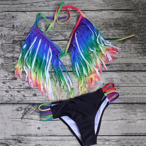 2018 Gradient Color Rainbow Tassel Padded Bra Woman Sexy 2pcs Bikinis