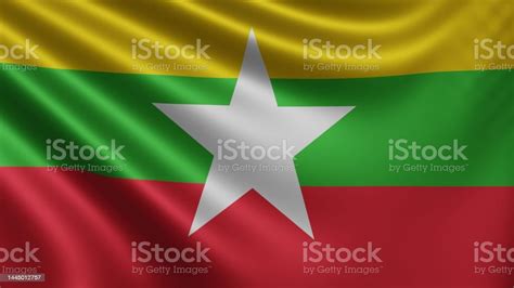 Render Bendera Myanmar Berkibar Di Angin Closeup Bendera Nasional