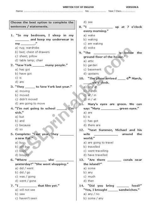 Multiple Choice Test English Esl Worksheets For Dista