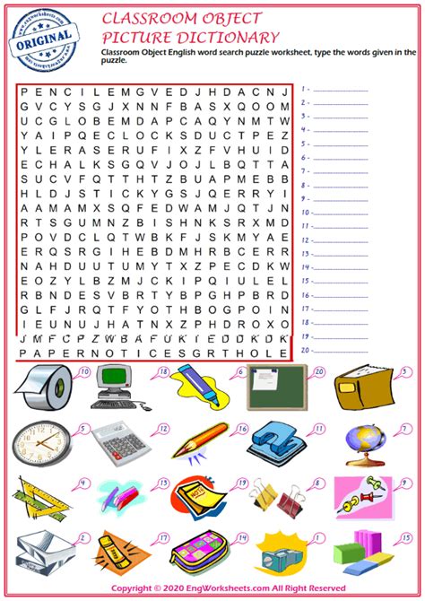 Classroom Objects Esl Vocabulary Word Search Puzzle W