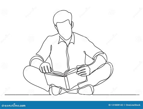 Continuous Line Drawing Of Man Sitting On Floor Reading Book Stock