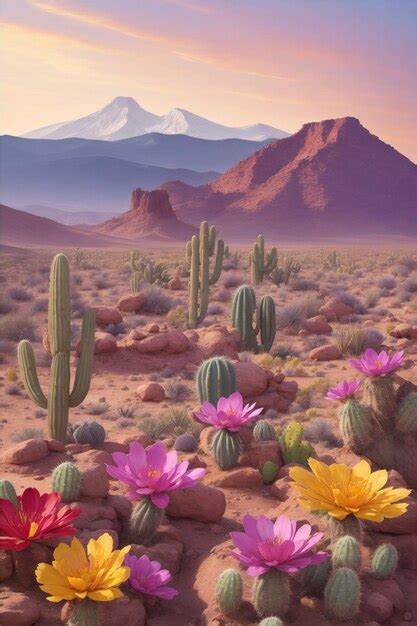 Premium Ai Image Desert Landscape With Flowering Cactuses In Foreground