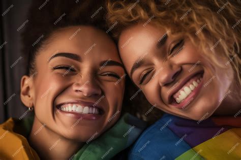 una hermosa y feliz pareja de lesbianas gay con la bandera de colores del arco iris mes del