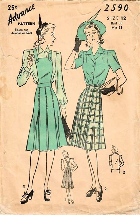 1940s advance 2590 vintage sewing pattern misses pleated skirt pleated jumper blouse size 12