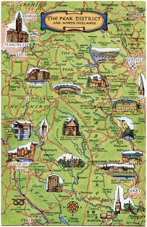 Postcard Map Of The Peak District And North Midlands Peak District