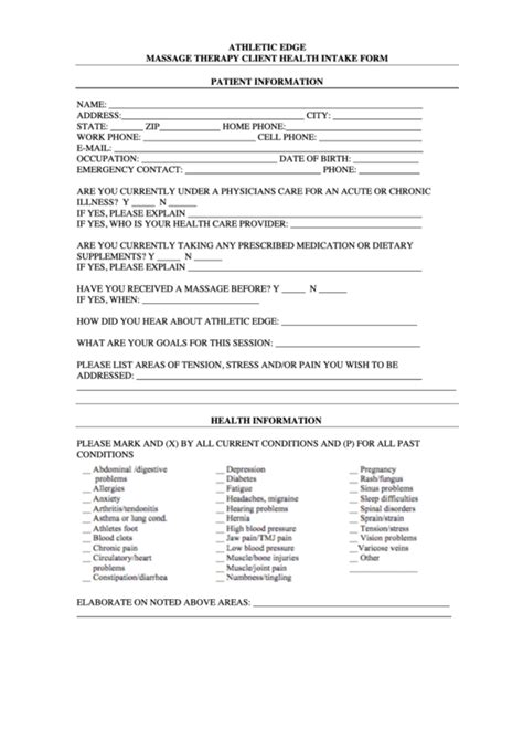 Massage Therapy Client Health Intake Form Printable Pdf Download