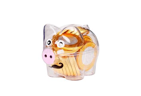 Transparent Plastic Piggy Bank With Chocolate Coins Inside Stock Photo