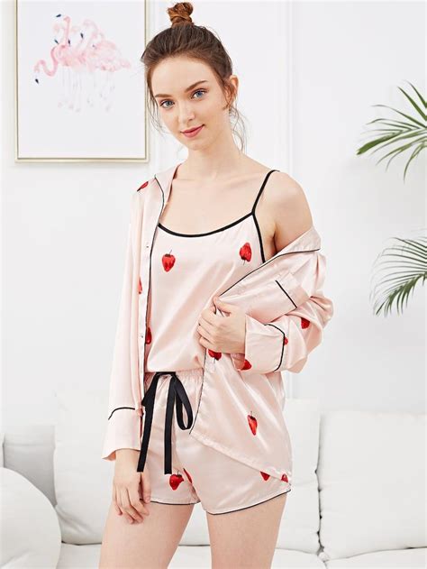 7pcs Strawberry Print Cami Pajama Set With Shirt SHEIN Pajamas