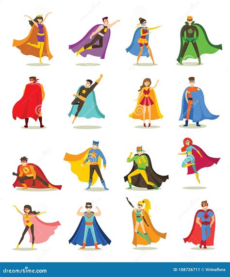 Male Superheroes In Classic Comics Costumes With Capes Set Of Smiling