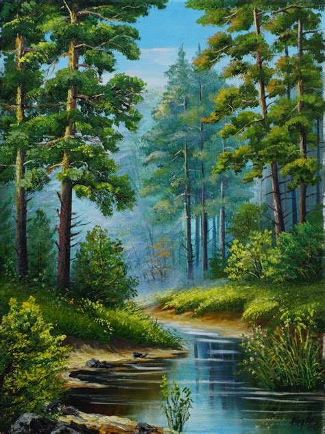 Oil Painting Forest Landscape In The Beautiful Forest Etsy Peinture