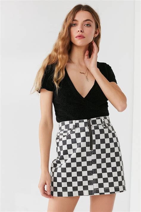 Urban Outfitters Bdg Checkered Denim Zip Mini Skirt Black Multi