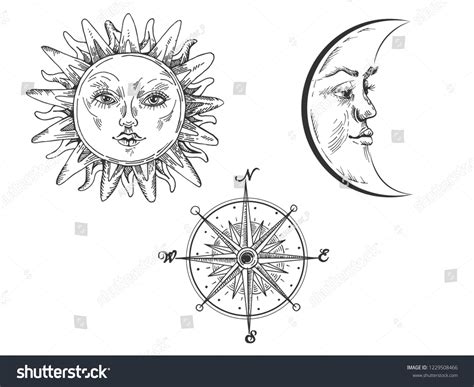Sun Moon Face Engraving Vector Illustration เวกเตอร์สต็อก ปลอดค่า