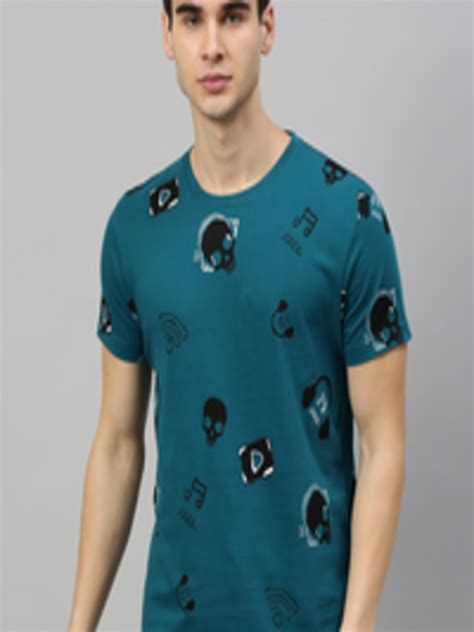 Buy Herenow Men Teal Blue Black Printed Round Neck Pure Cotton T Shirt