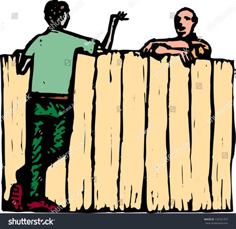 Vector Illustration Of Male Neighbors Talking Over Fence