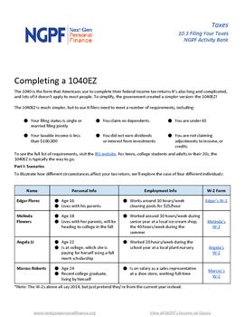 Completing a 1040 ngpf answer key. Personal Finance Project: Completing a 1040EZ by Next Gen ...