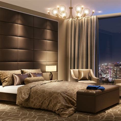 A Bedroom With A Large Window Overlooking The City At Night And An Upholstered Bed