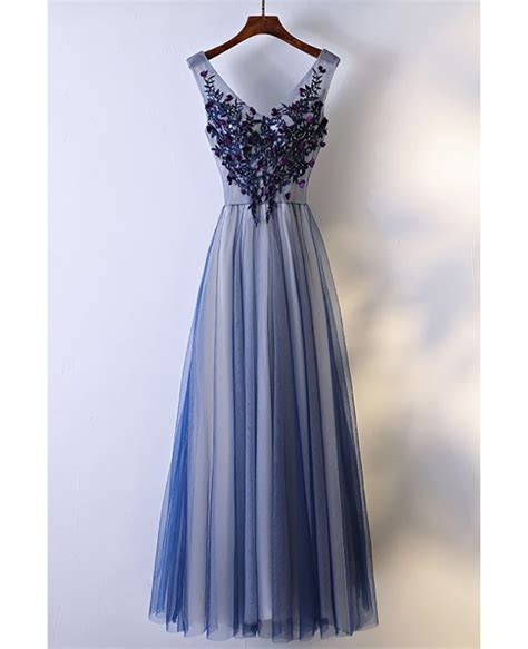 Unique Navy Blue Long Tulle Prom Dress V Neck Sleeveless
