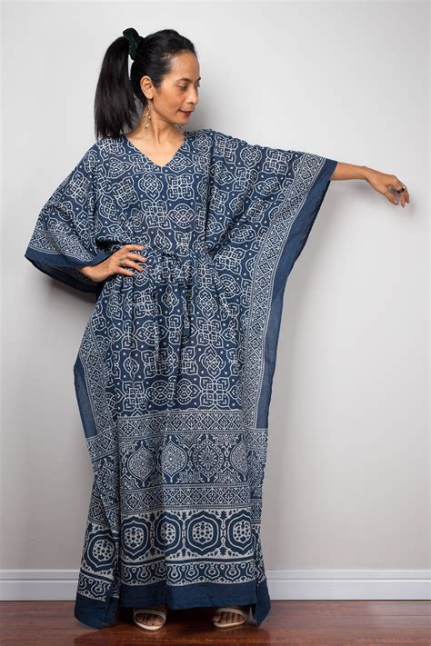 Cotton Kaftan Indigo Maxi Dress Hand Block Print Loose Fit Etsy