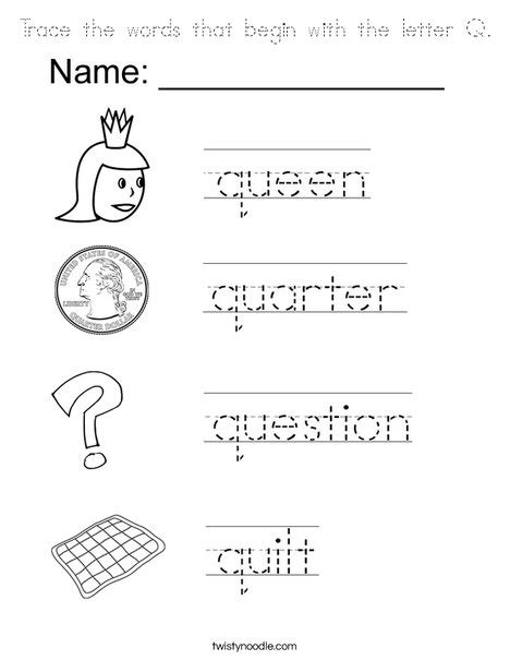 Trace The Words That Begin With The Letter Q Coloring Page Tracing