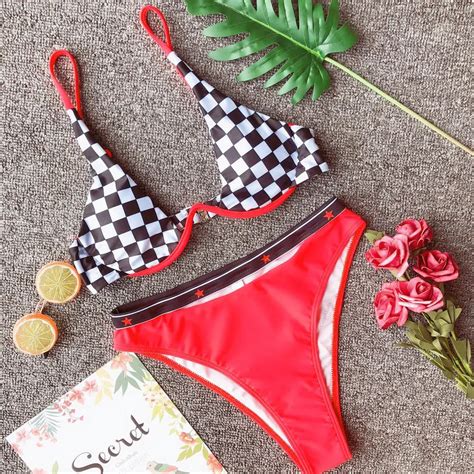 Hirigin Sexy Plaid Bikini Set 2019 Underwire Thong Biquini Swimwear Women Push Up Padded