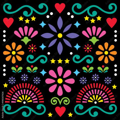Mexican Folk Art Vector Pattern Colorful Design With Flowers Greeting