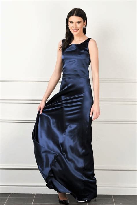 Navy Blue Satin Maxi Dress A Line Dress Scoop Neckline Waistband