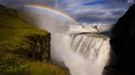 Waterfall Sky Rocks Great Rainbows Beautiful Views Wallpapers