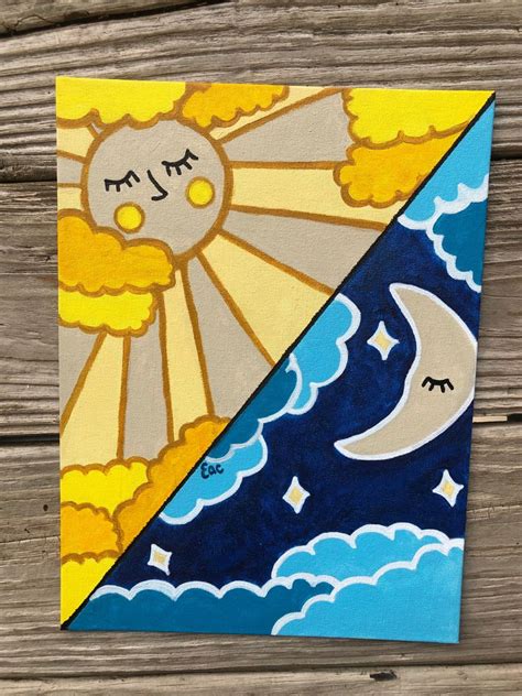 The Sun And Moon Are Depicted In This Acrylic Painting On Wood Planks