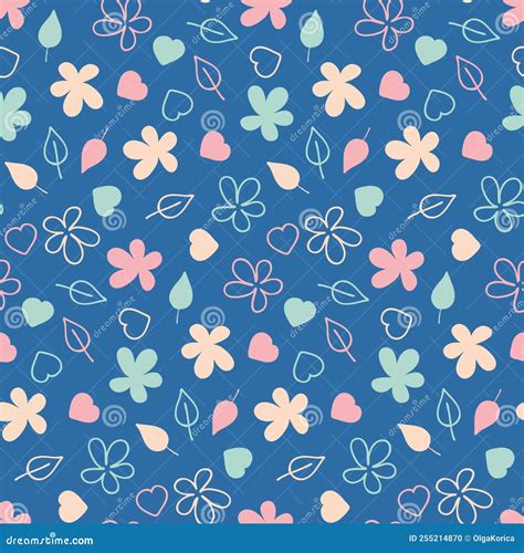 Floral Floral Seamless Pattern On Blue Background Vector Illustration With Flower Heart And