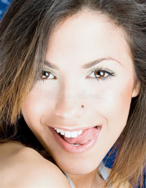 Young Woman Touch Her Up Lip By Tongue Stock Image Image Of Human
