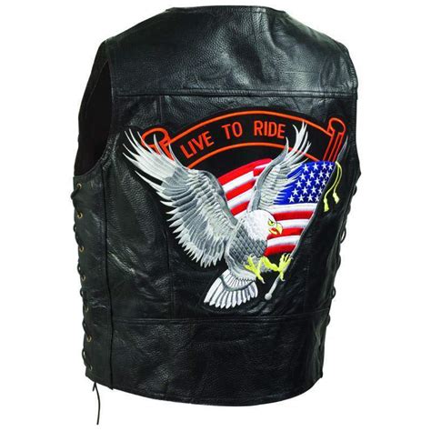 Black Leather Vest Mens Biker Side Lacing Motorcycle Eagle Back Patch