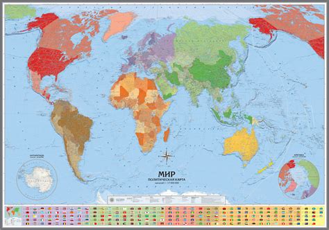 настенная Политическая карта мира Континенты и Части Света с флагами