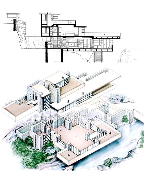 Frank Lloyd Wright Fallingwater Isometric Section Drawing