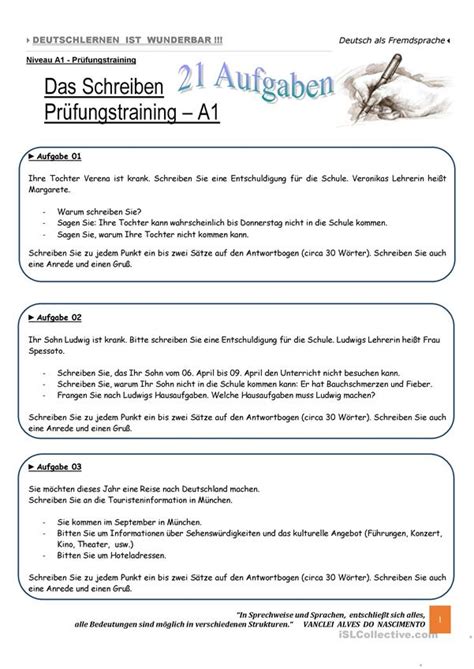 Die kurse der stufen a1 und a2 nach dem gemeinsamen europäischen referenzrahmen für. A1 - Schreiben - Prüfungsvorbereitung - Deutsch Daf Arbeitsblatter