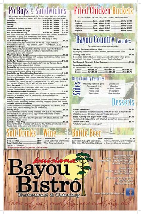 Louisiana Bayou Bistro Menu In Brusly Louisiana Usa