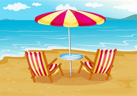 A Beach Umbrella With Chairs At The Seashore 526512 Vector Art At Vecteezy