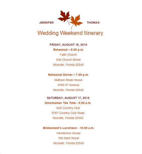 wedding itinerary template   word  documents