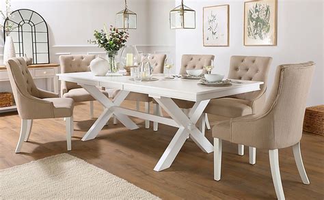 Grange White Extending Dining Table With 8 Duke Oatmeal Fabric Chairs